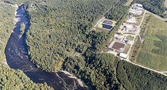Aerial view of the Neuville Environmental Complex and Jacques-Cartier River