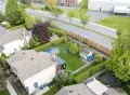 Mur antibruit Pilebyg® en saules, vue aérienne d’un quartier résidentiel à Boucherville