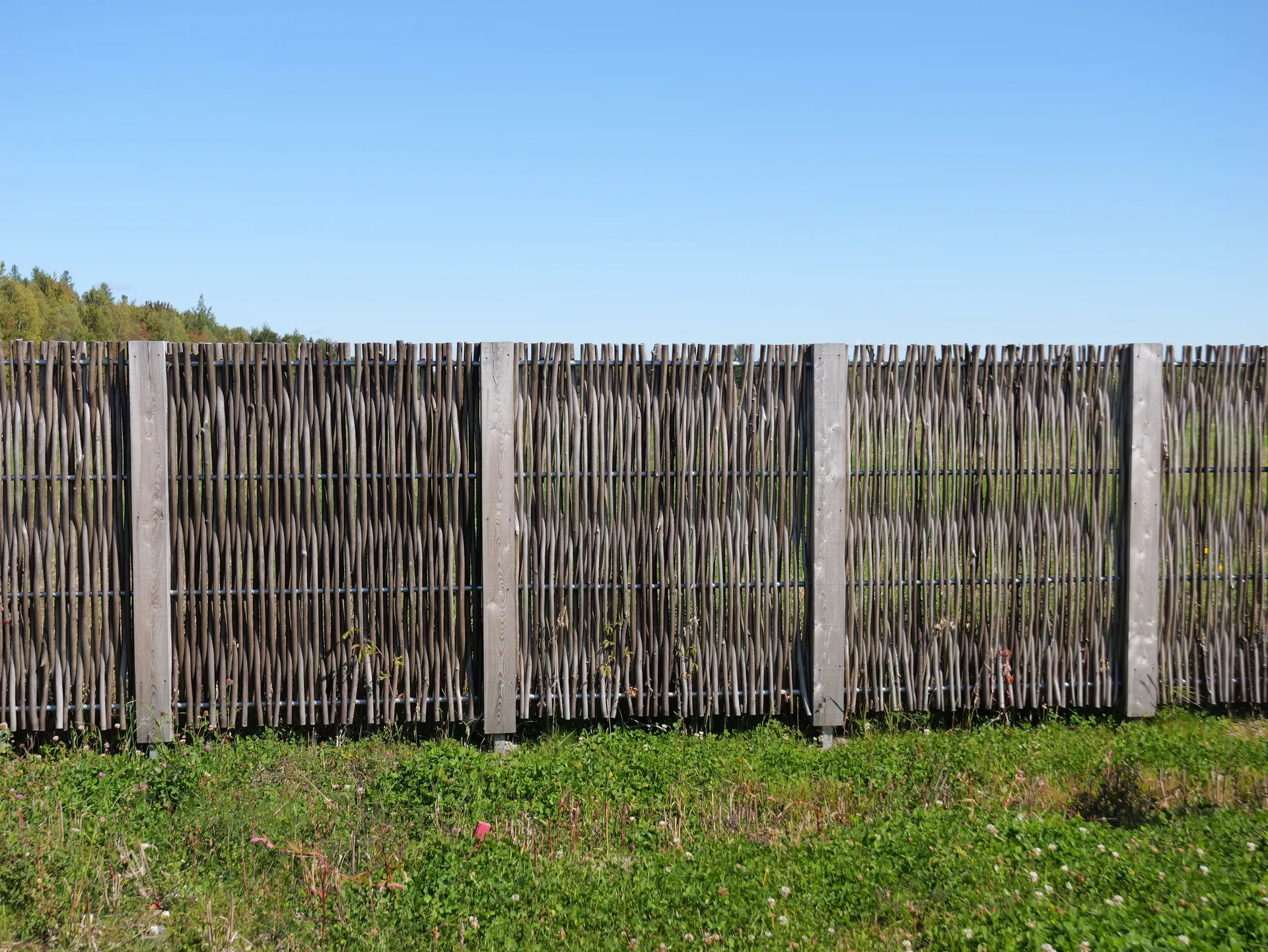 Panneaux de clôture en saule tressé en bordure de terrain commercial, Québec