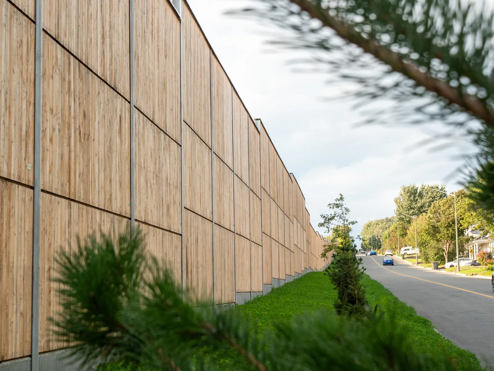 Mur HF1 en mélèze (perspective le long d'une route au Québec)