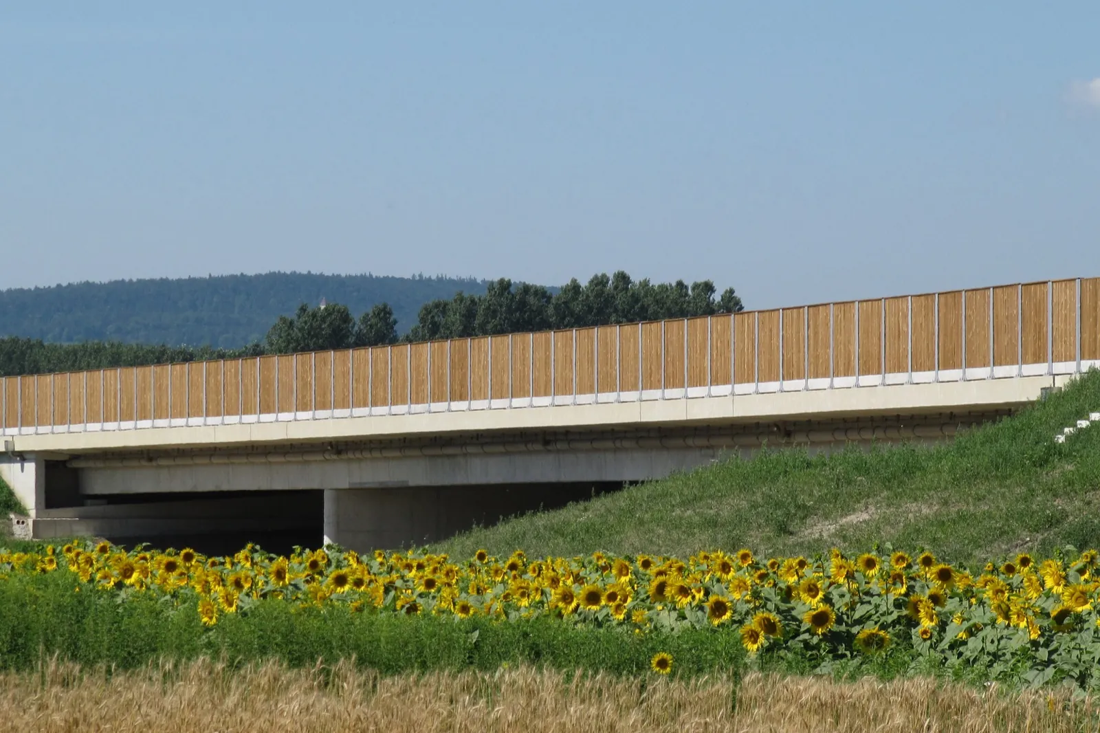 Panneau antibruit HF1 en mélèze sur un pont autoroutier en Europe