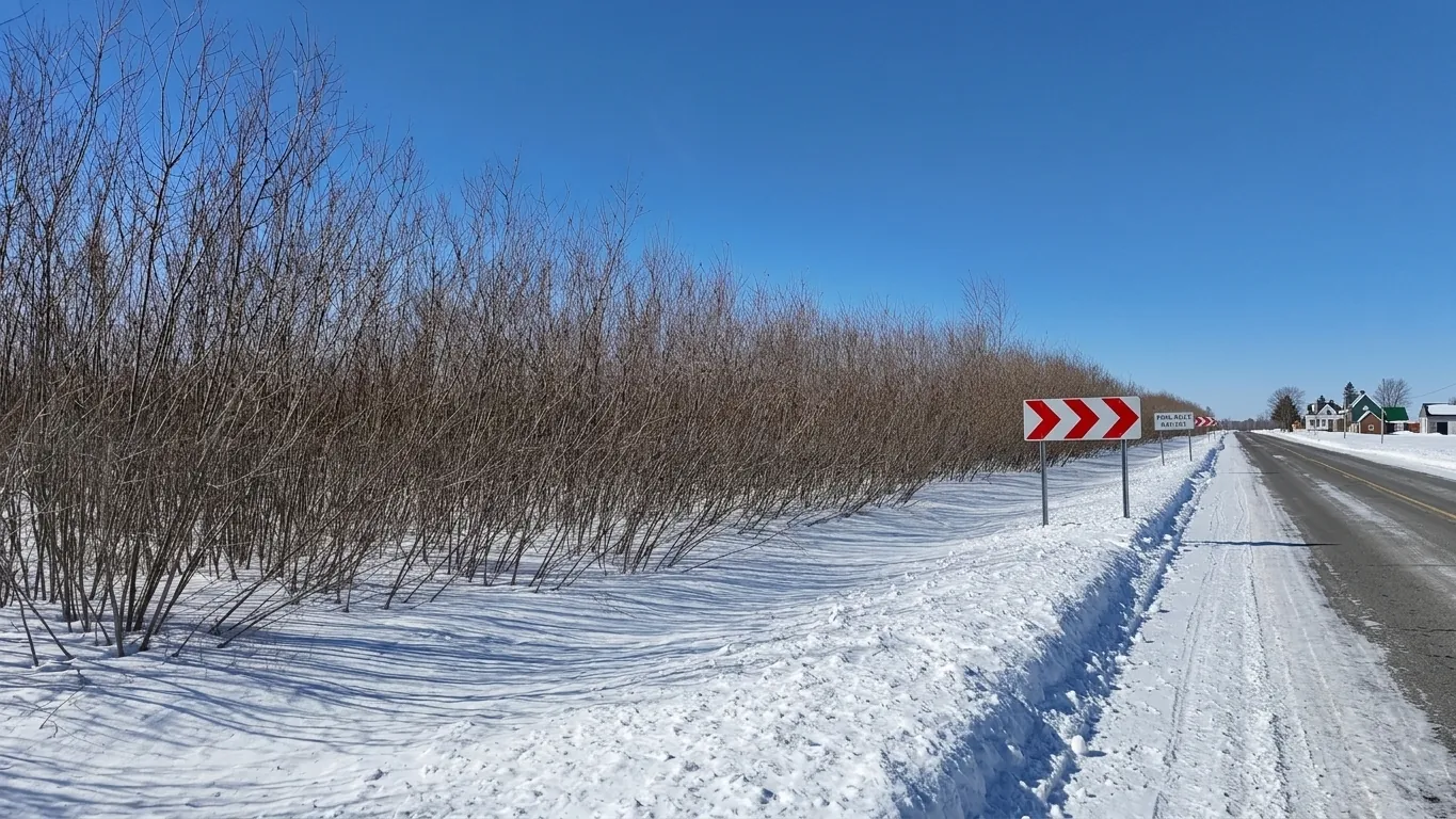 Willow snowbreak screen along a road in winter