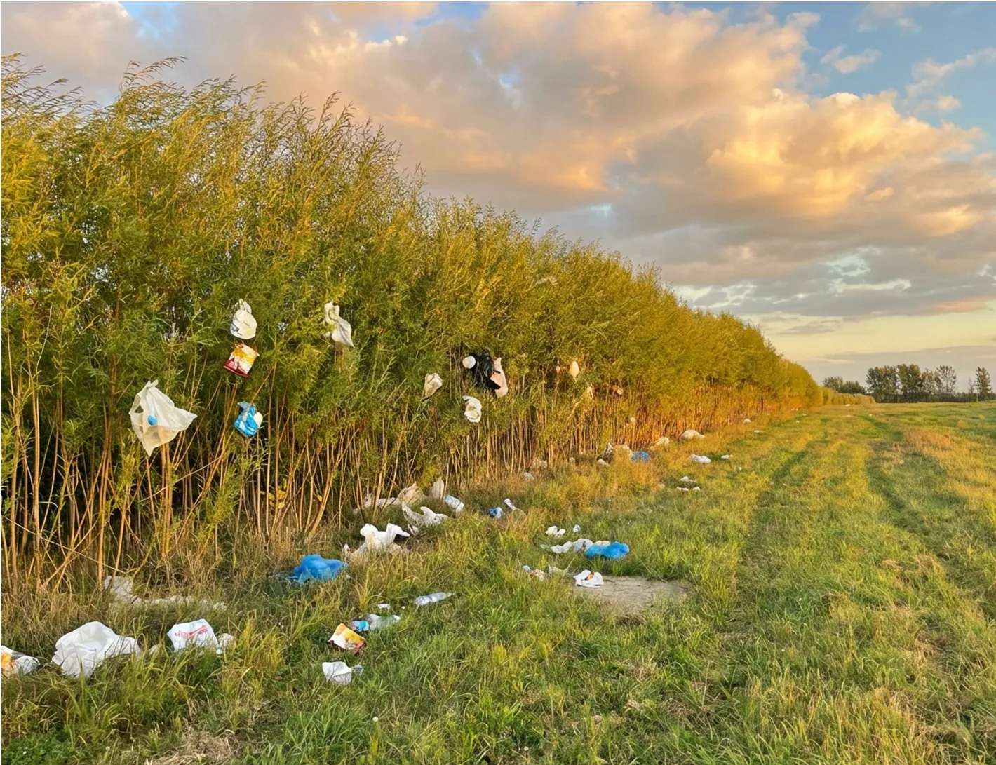 Intercept™ vegetated barrier capturing plastic debris carried by the wind